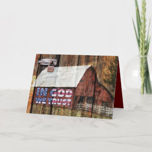 Rustic Red Barn With Latch In God We Trust Thank You Card