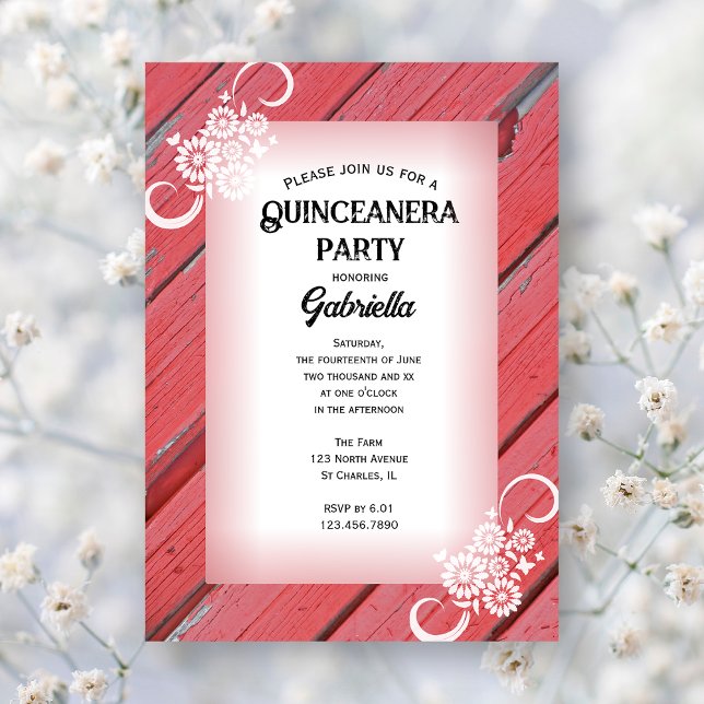 Rustic Red Barn Wood Floral Farm Quinceanera Party Invitation (Creator Uploaded)