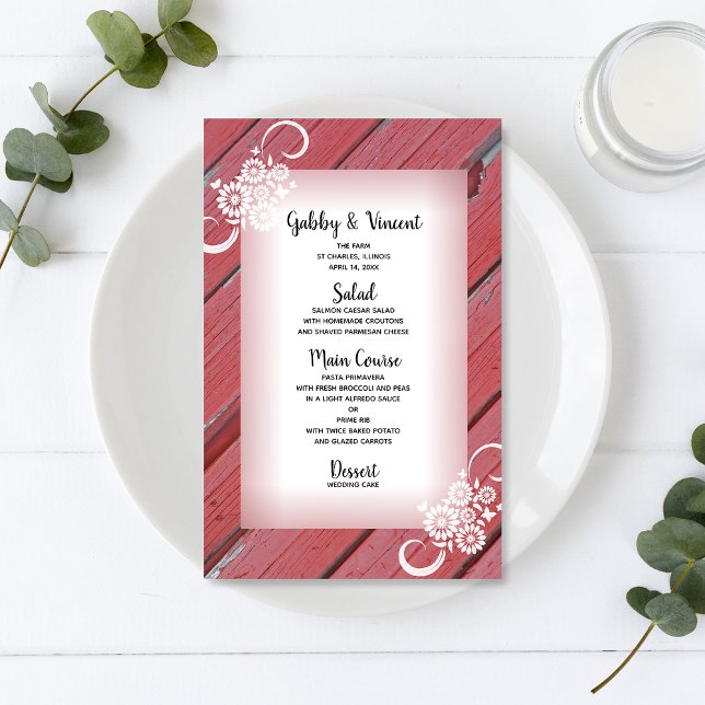 Rustic Red Barn Wood White Flowers Wedding Menu (Creator Uploaded)