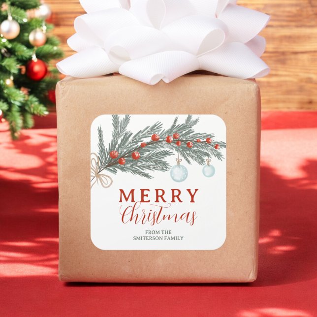 Rustic Red Berry Evergreen Branch Merry Christmas Square Sticker (Rustic Red Berry Evergreen Branch Merry Christmas Square Sticker)