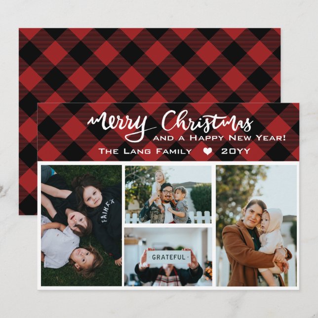 Rustic Red Black Buffalo Check Christmas Collage Holiday Card (Front/Back)