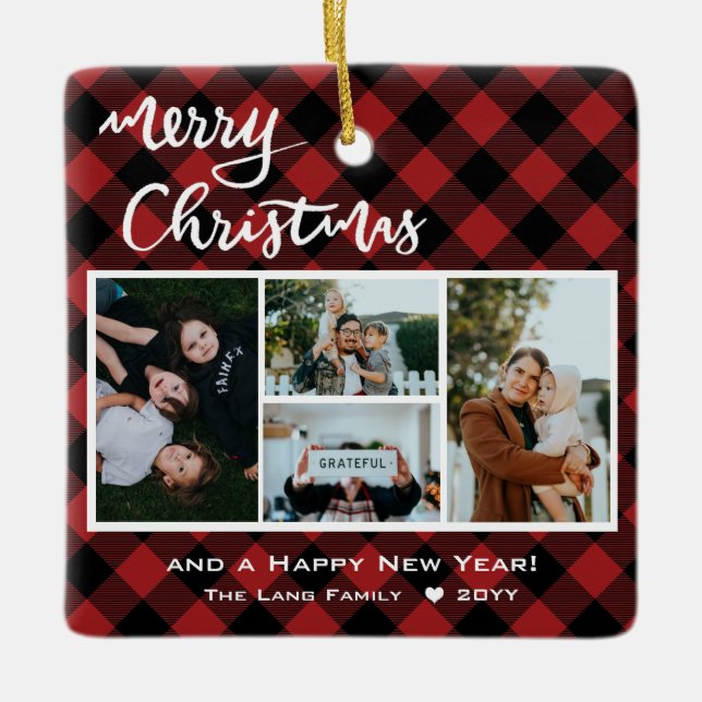 Rustic Red Black Buffalo Check Merry Christmas Ceramic Ornament (Front)