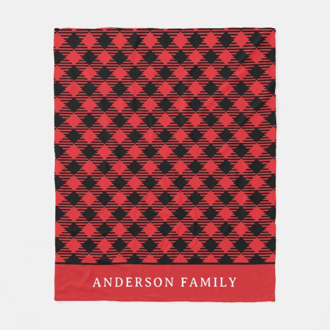 Rustic Red Black Buffalo Check Monogram Fleece Blanket (Front)