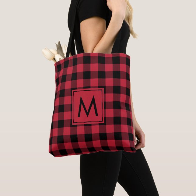 Rustic Red Black Buffalo Check Pattern Monogram Tote Bag (Close Up)