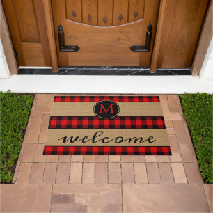 Rustic Red Black Buffalo Check Plaid Pattern Doormat