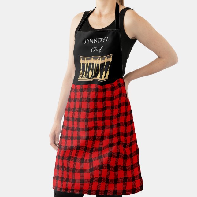 Rustic red black buffalo monogram name kitchen apron (Insitu)