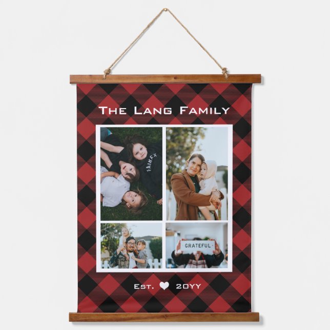 Rustic Red Black Buffalo Pattern Wood Hanging Tapestry (Front)