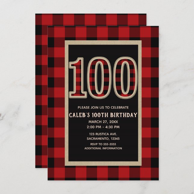 Rustic Red Black Buffalo Plaid 100th 100 Birthday Invitation (Front/Back)