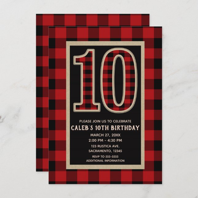 Rustic Red Black Buffalo Plaid 10th Birthday Party Invitation (Front/Back)