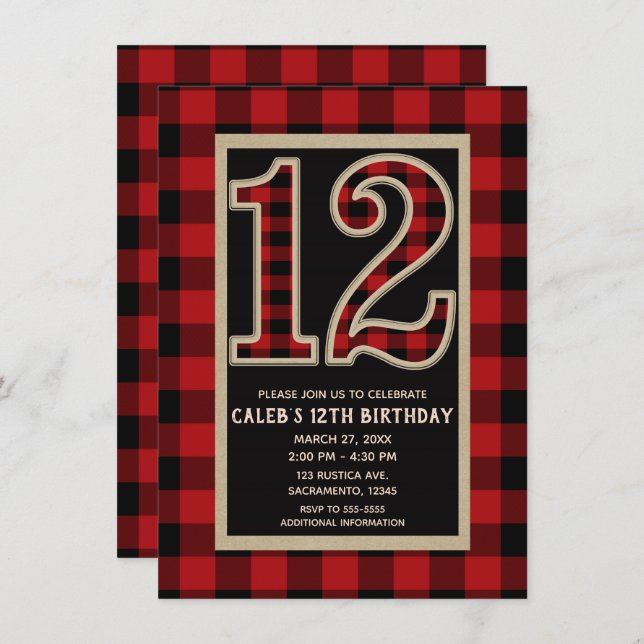 Rustic Red Black Buffalo Plaid 12th 12 Birthday Invitation (Front/Back)