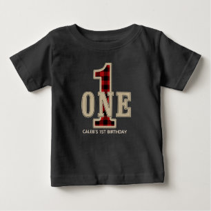 Rustic Red Black Buffalo Plaid 1st Birthday Party Baby T-Shirt