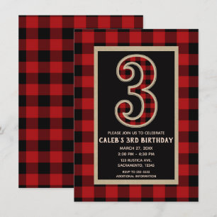 Rustic Red Black Buffalo Plaid 3RD Birthday Party Invitation