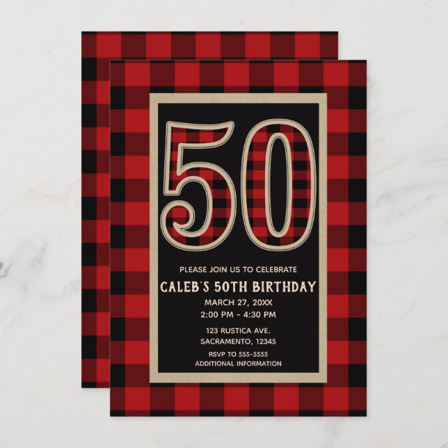 Rustic Red Black Buffalo Plaid 50th 50 Birthday Invitation (Front/Back)
