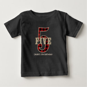 Rustic Red Black Buffalo Plaid 5th Birthday Party Baby T-Shirt