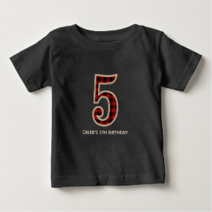 Rustic Red Black Buffalo Plaid 5TH Birthday Party Baby T-Shirt