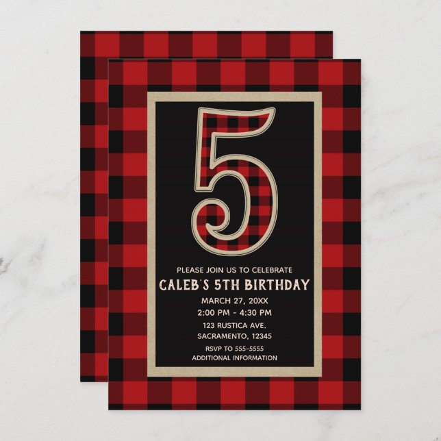 Rustic Red Black Buffalo Plaid 5th Birthday Party Invitation (Front/Back)