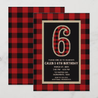 Rustic Red Black Buffalo Plaid 6th Birthday Party