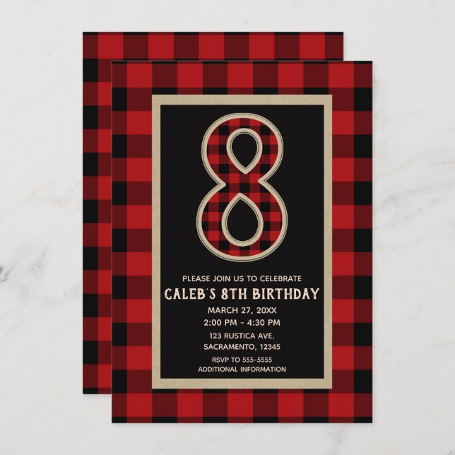 Rustic Red Black Buffalo Plaid 8th Birthday Party Invitation (Front/Back)