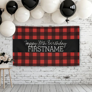 Rustic Red & Black Buffalo Plaid Birthday Party Banner