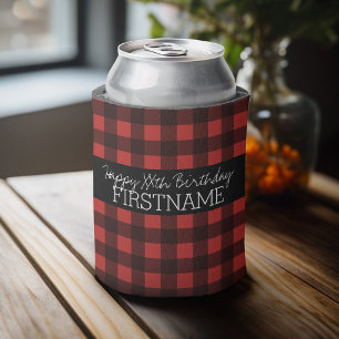 Rustic Red & Black Buffalo Plaid Birthday Party Can Cooler