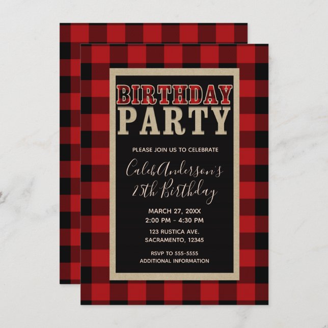 Rustic Red Black Buffalo Plaid Birthday Party Invitation (Front/Back)