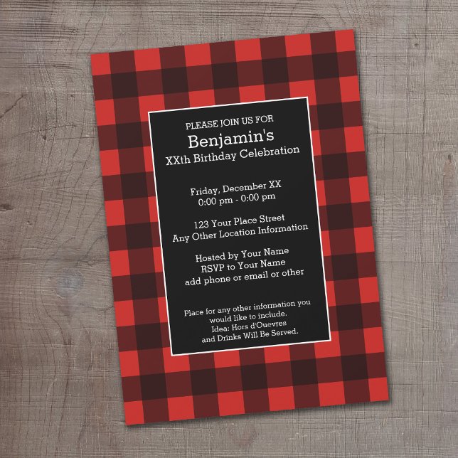 Rustic Red & Black Buffalo Plaid Birthday Party Invitation (Buffalo Plaid Birthday Party Invitation)