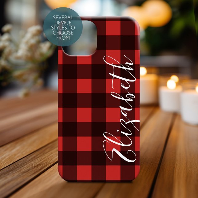 Rustic Red Black Buffalo Plaid - can edit red (Personalized Phone Case with Custom Name)