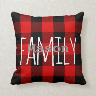 Rustic Red Black Buffalo Plaid Family Monogram Cushion