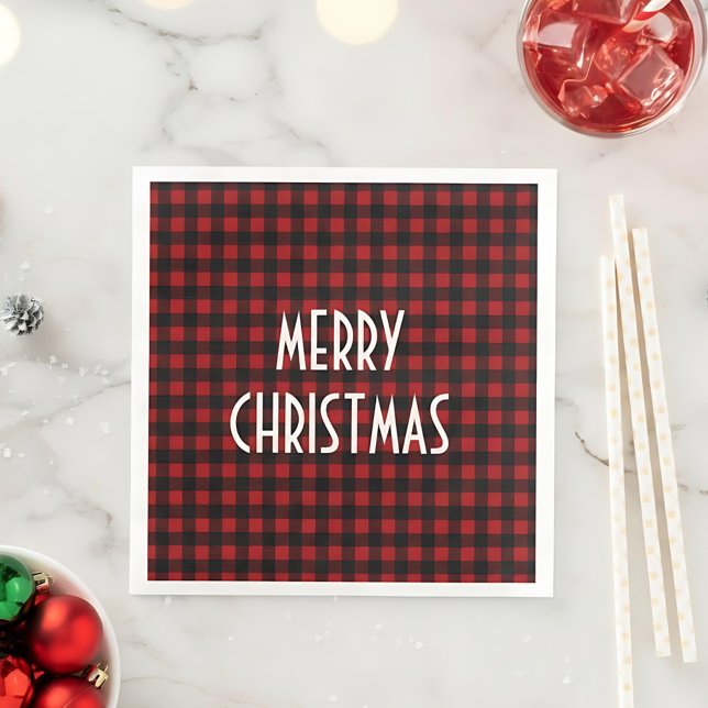 Rustic Red & Black Buffalo Plaid Merry Christmas Napkin (Creator Uploaded)