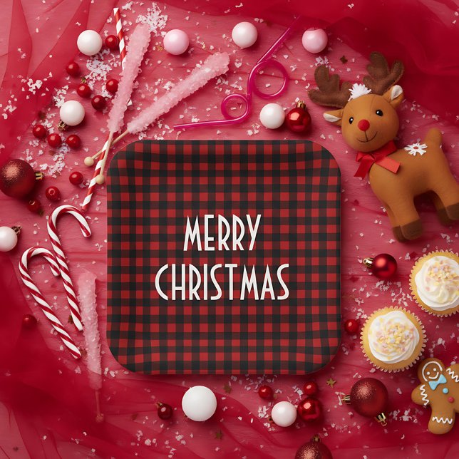 Rustic Red & Black Buffalo Plaid Merry Christmas Paper Plate (Creator Uploaded)