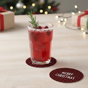 Rustic Red & Black Buffalo Plaid Merry Christmas Round Paper Coaster