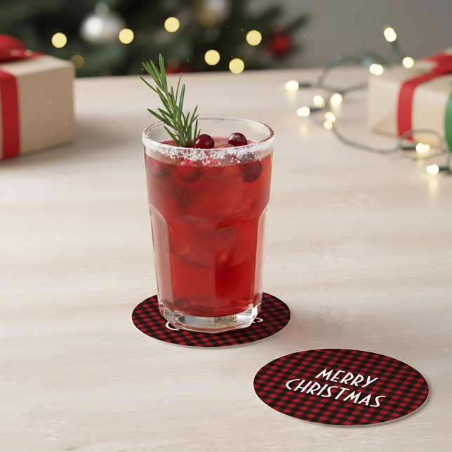 Rustic Red & Black Buffalo Plaid Merry Christmas Round Paper Coaster (Creator Uploaded)