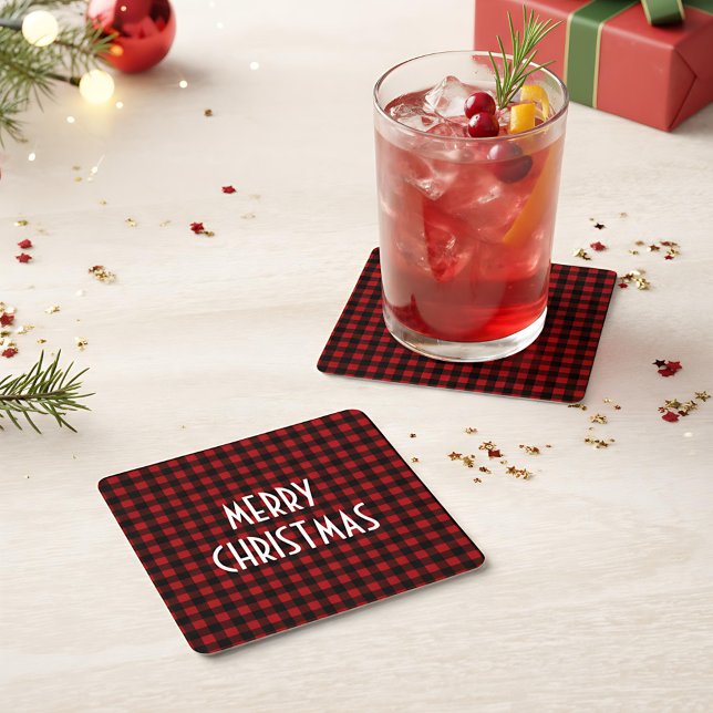 Rustic Red & Black Buffalo Plaid Merry Christmas Square Paper Coaster (Creator Uploaded)