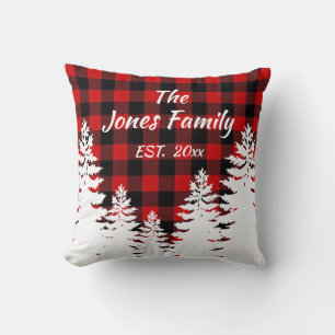 Rustic red black buffalo plaid, minimalist trees cushion