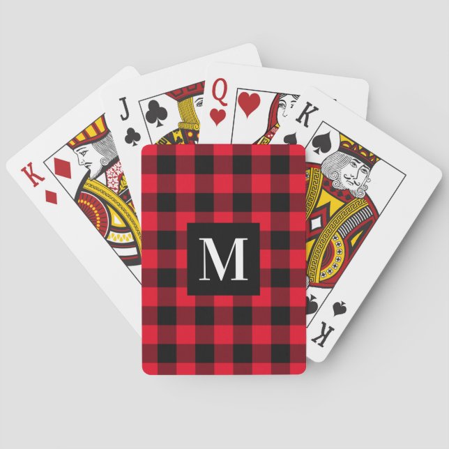 Rustic Red Black Buffalo Plaid Monogram Playing Cards (Back)