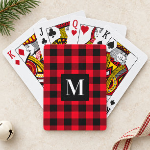 Rustic Red Black Buffalo Plaid Monogram Playing Cards