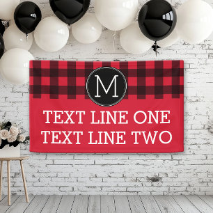 Rustic Red & Black Buffalo Plaid Pattern Monogram Banner