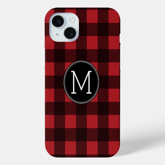 Rustic Red & Black Buffalo Plaid Pattern Monogram Case-Mate iPhone Case (Back)