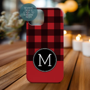 Rustic Red & Black Buffalo Plaid Pattern Monogram Case-Mate iPhone 14 Plus Case