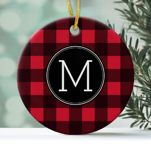 Rustic Red & Black Buffalo Plaid Pattern Monogram Ceramic Tree Decoration