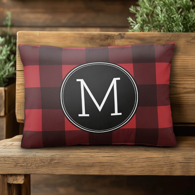 Rustic Red & Black Buffalo Plaid Pattern Monogram Decorative Cushion (Custom Monogram Pillow)