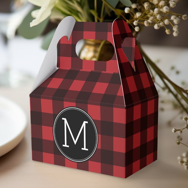 Rustic Red & Black Buffalo Plaid Pattern Monogram Favour Box (Personalized favor box - monogram buffalo plaid)