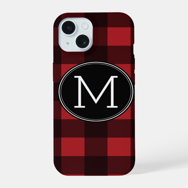 Rustic Red Black Buffalo Plaid Pattern Monogram iPhone 15 Case (Back)