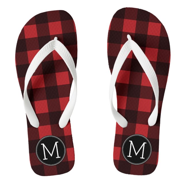 Rustic Red & Black Buffalo Plaid Pattern Monogram Jandals (Footbed)