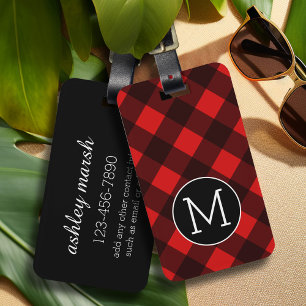 Rustic Red Black Buffalo Plaid Pattern Monogram Luggage Tag