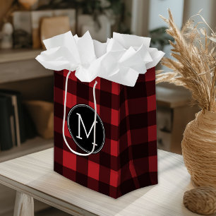 Rustic Red & Black Buffalo Plaid Pattern Monogram Medium Gift Bag