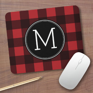 Rustic Red & Black Buffalo Plaid Pattern Monogram Mouse Pad