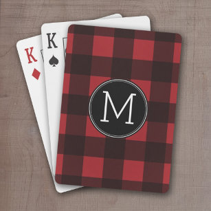 Rustic Red Black Buffalo Plaid Pattern Monogram Playing Cards