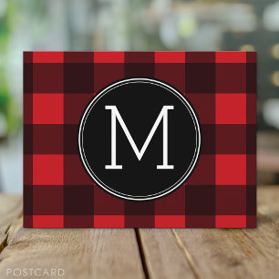 Rustic Red Black Buffalo Plaid Pattern Monogram Postcard
