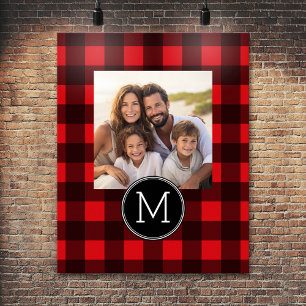 Rustic Red & Black Buffalo Plaid Pattern Monogram Poster